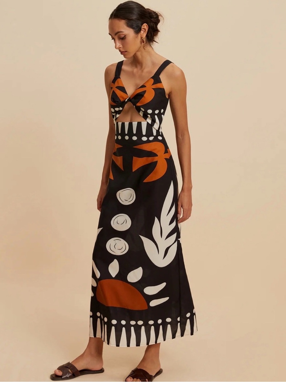 Commense Black Maxi Skirt with Rust & Cream Graphic Print